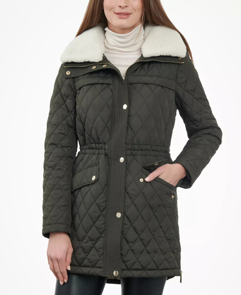 Women's Faux-Fur-Collar Quilted Coat Dark Olive - 1