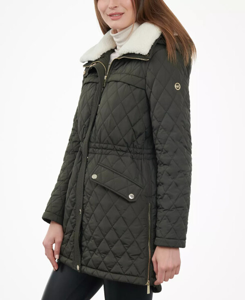 Women's Faux-Fur-Collar Quilted Coat Dark Olive - 3