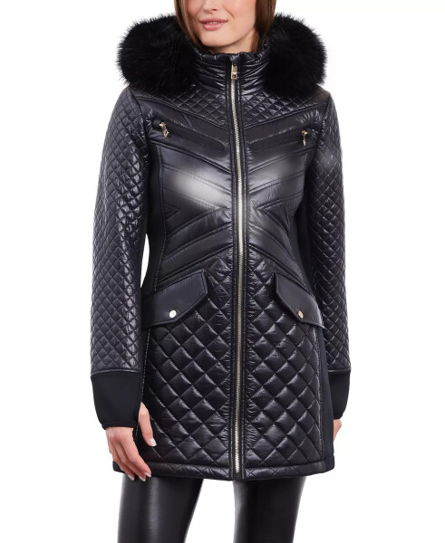 Women's Faux-Fur-Trim Hooded Quilted Coat Black - 1