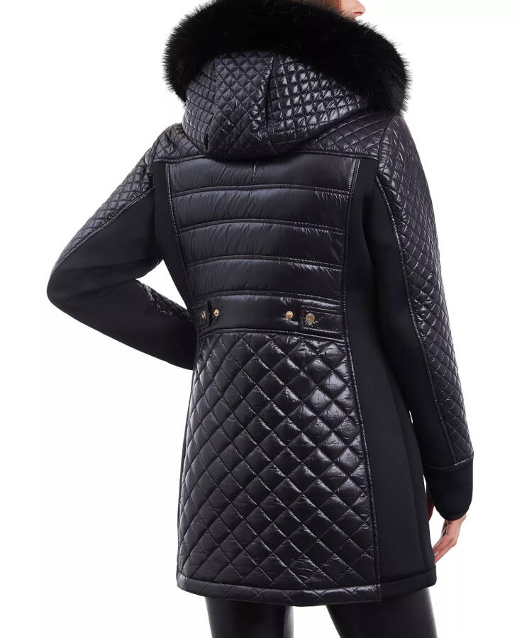 Women's Faux-Fur-Trim Hooded Quilted Coat Black - 2