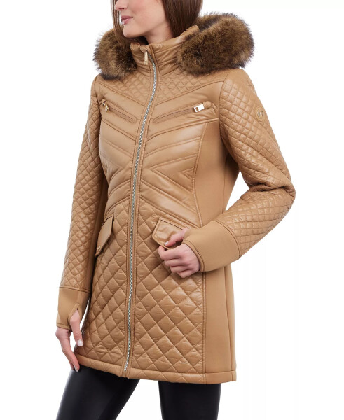 Women's Faux-Fur-Trim Hooded Quilted Coat Dark Camel - 1