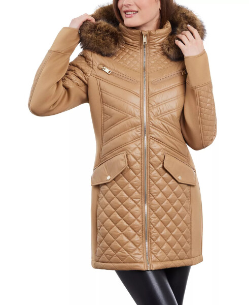 Women's Faux-Fur-Trim Hooded Quilted Coat Dark Camel - 2