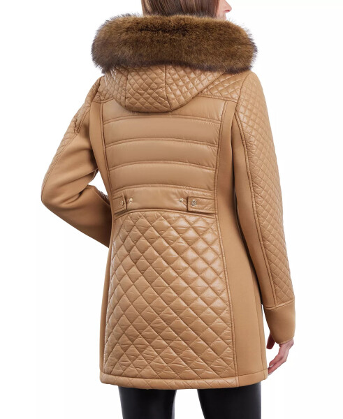 Women's Faux-Fur-Trim Hooded Quilted Coat Dark Camel - 3