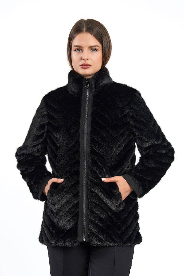 Women's Faux Fur Zipper Closure Stand Collar Modern Regular Coat - 10