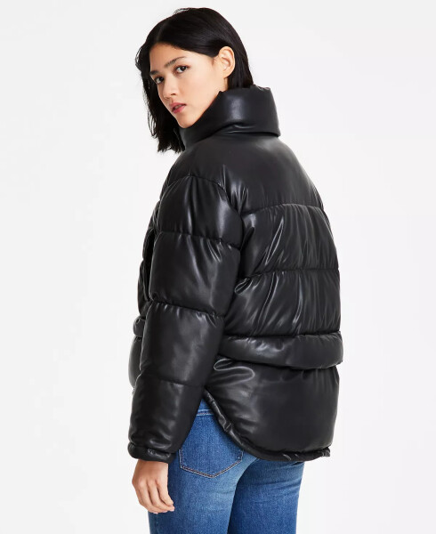 Women's Faux-Leather High-Low Hem Puffer Jacket Black - 2