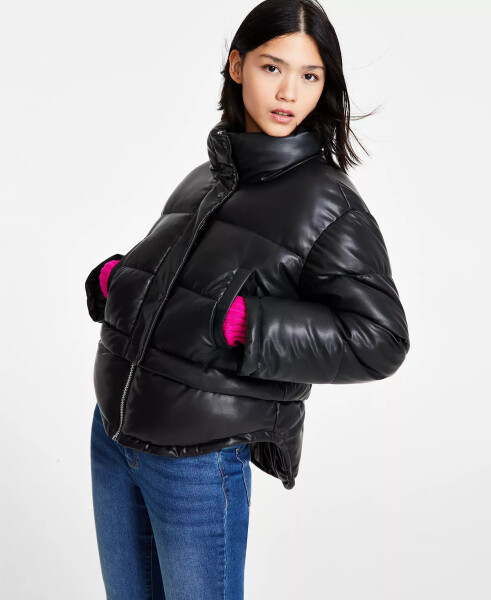 Women's Faux-Leather High-Low Hem Puffer Jacket Black - 4