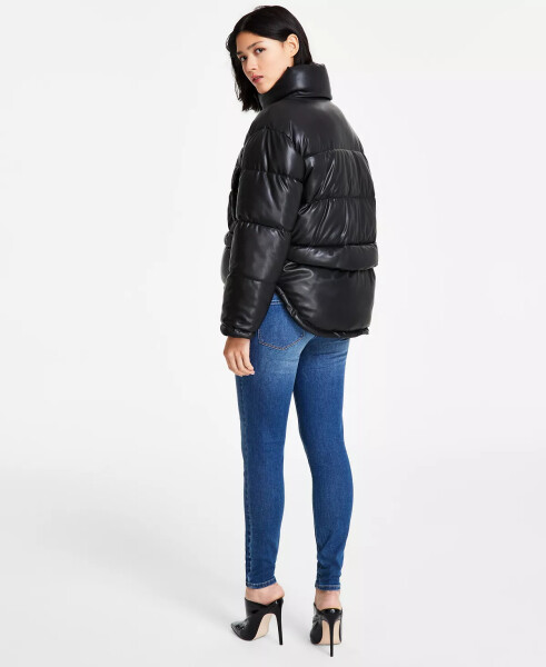 Women's Faux-Leather High-Low Hem Puffer Jacket Black - 6