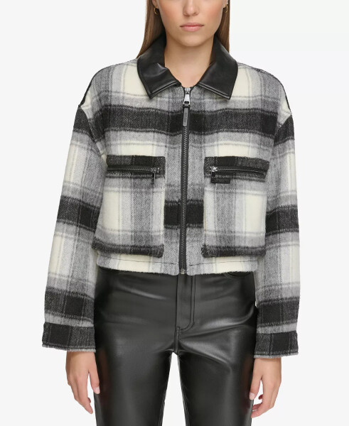 Women's Faux-Leather-Trim Cropped Plaid Jacket Black/ivory - 1