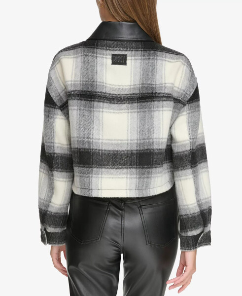 Women's Faux-Leather-Trim Cropped Plaid Jacket Black/ivory - 2