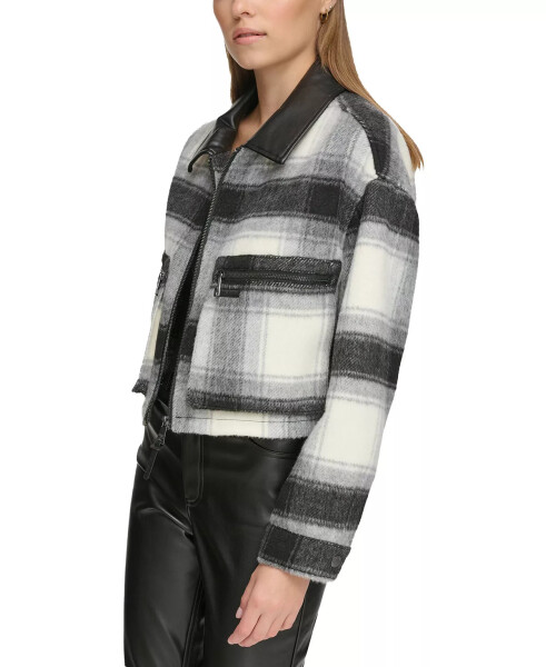 Women's Faux-Leather-Trim Cropped Plaid Jacket Black/ivory - 3