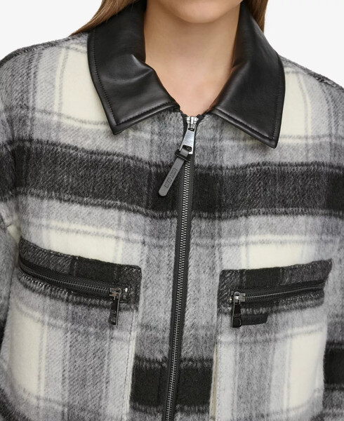 Women's Faux-Leather-Trim Cropped Plaid Jacket Black/ivory - 4