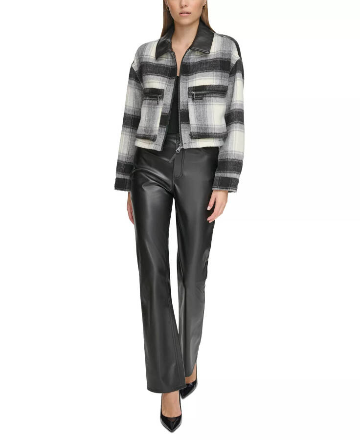 Women's Faux-Leather-Trim Cropped Plaid Jacket Black/ivory - 6