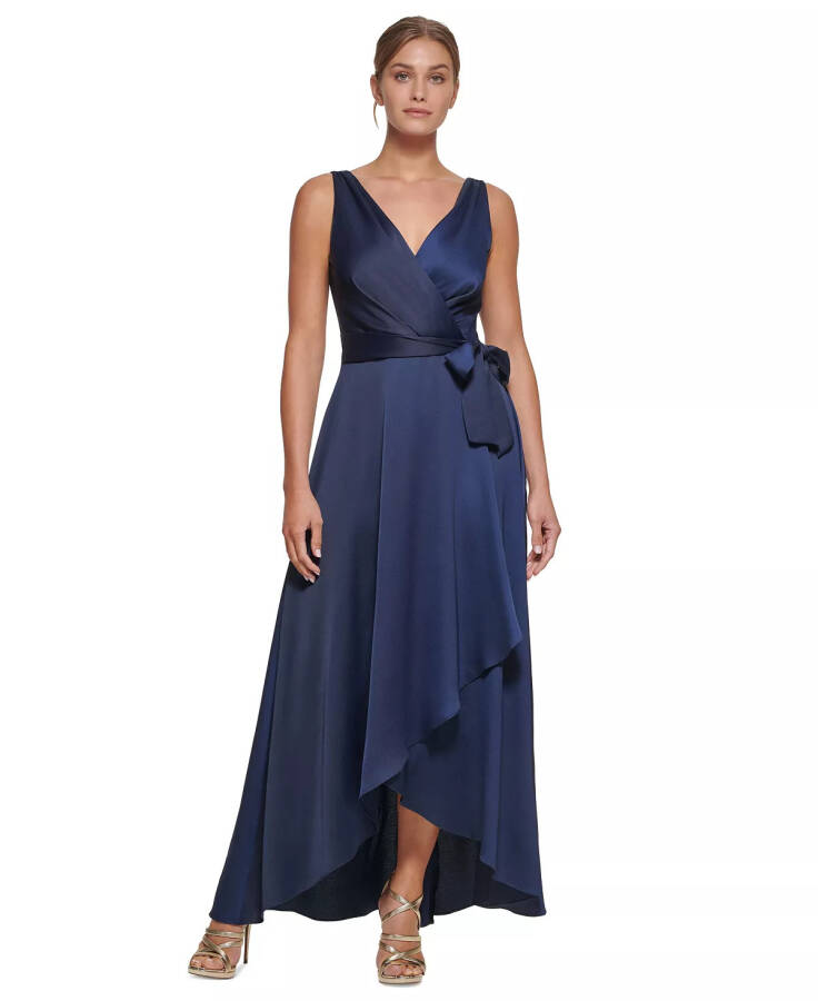 Women's Faux-Wrap Tie-Waist Satin Crepe Dress Navy - 1