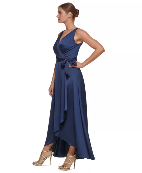 Women's Faux-Wrap Tie-Waist Satin Crepe Dress Navy - 3