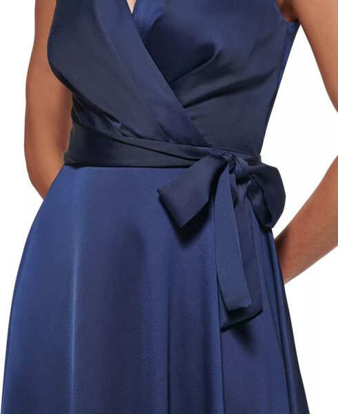 Women's Faux-Wrap Tie-Waist Satin Crepe Dress Navy - 4