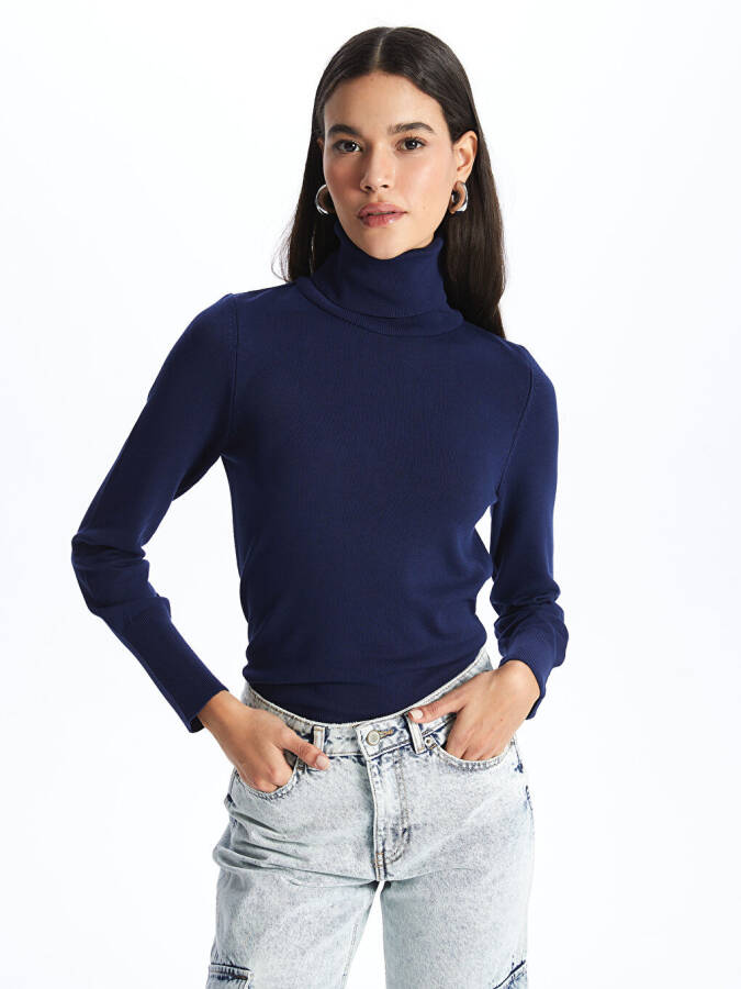 Women's Fisherman Neck Plain Long Sleeve Knit Sweater - 1