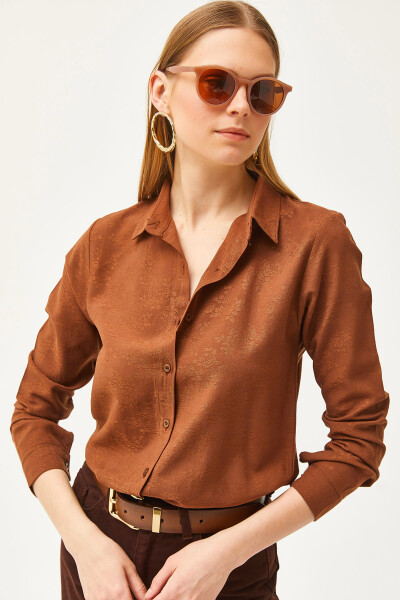 Women's Floral Bitter Coffee Jacquard Satin Detail Woven Shirt GML-19001173 - 1