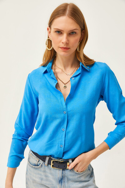 Women's Floral Blue Jacquard Satin Detail Woven Shirt GML-19001173 - 5