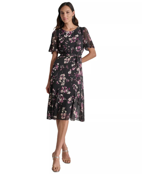 Women's Floral Flutter-Sleeve Belted Dress Raisin/Black - 1