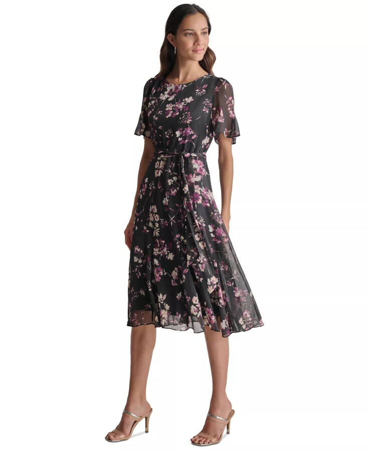 Women's Floral Flutter-Sleeve Belted Dress Raisin/Black - 3