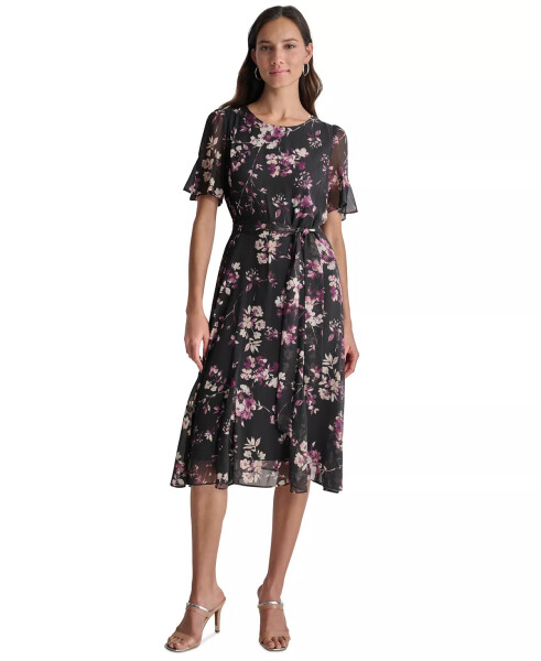 Women's Floral Flutter-Sleeve Belted Dress Raisin/Black - 5