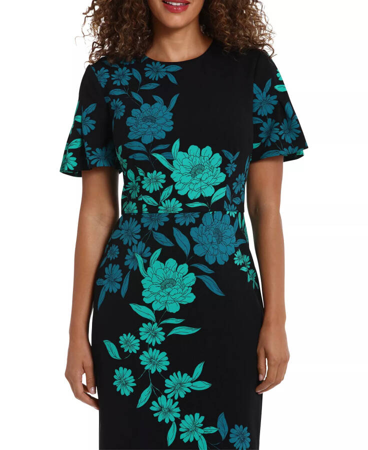 Women's Floral Flutter-Sleeve Midi Dress Black Green - 8