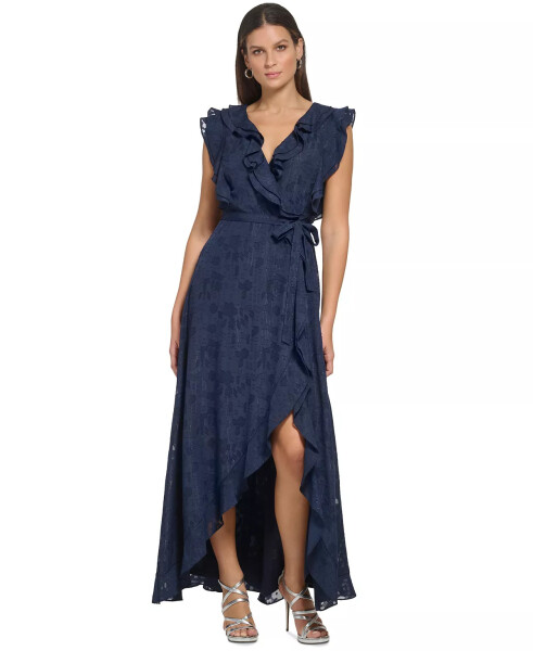 Women's Flutter-Sleeve Ruffle-Front Tie-Waist Gown Spring Navy - 1