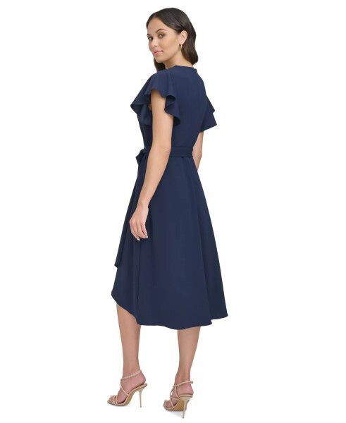 Women's Flutter-Sleeve Tie-Waist Faux-Wrap Dress Navy - 2