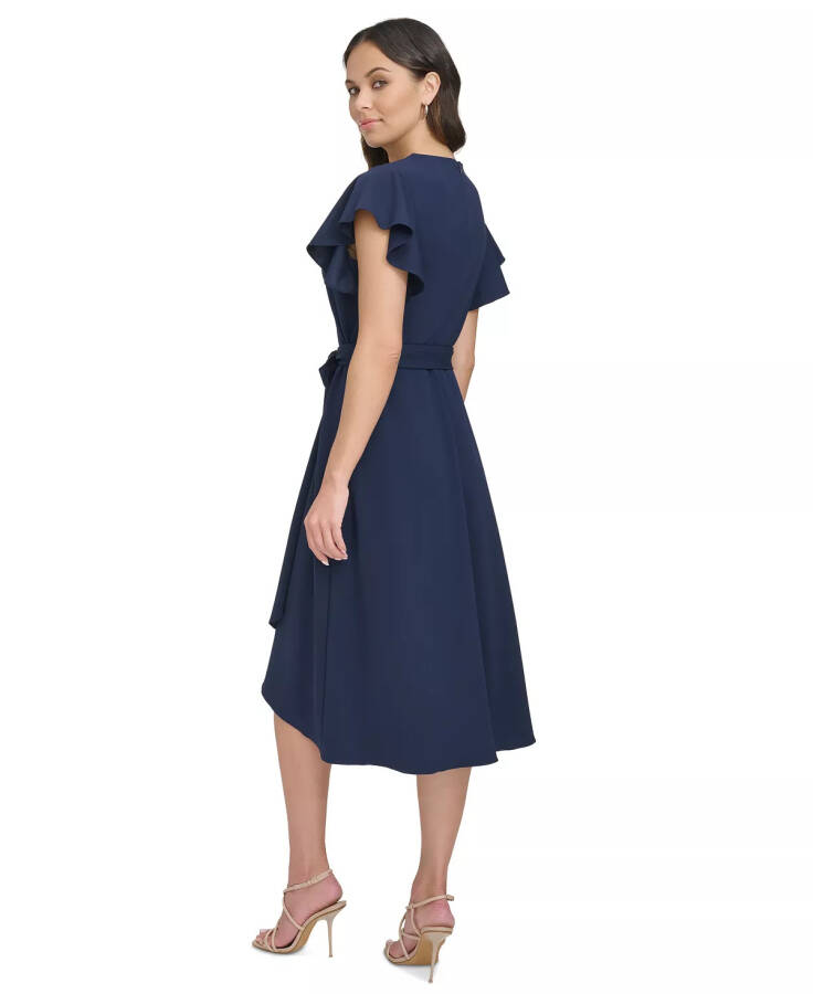 Women's Flutter-Sleeve Tie-Waist Faux-Wrap Dress Navy - 2