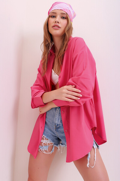 Women's Fuchsia Oversized Long Woven Shirt ALC-X6828 - 7