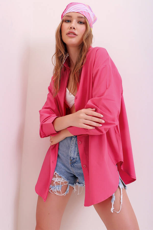 Women's Fuchsia Oversized Long Woven Shirt ALC-X6828 - 7