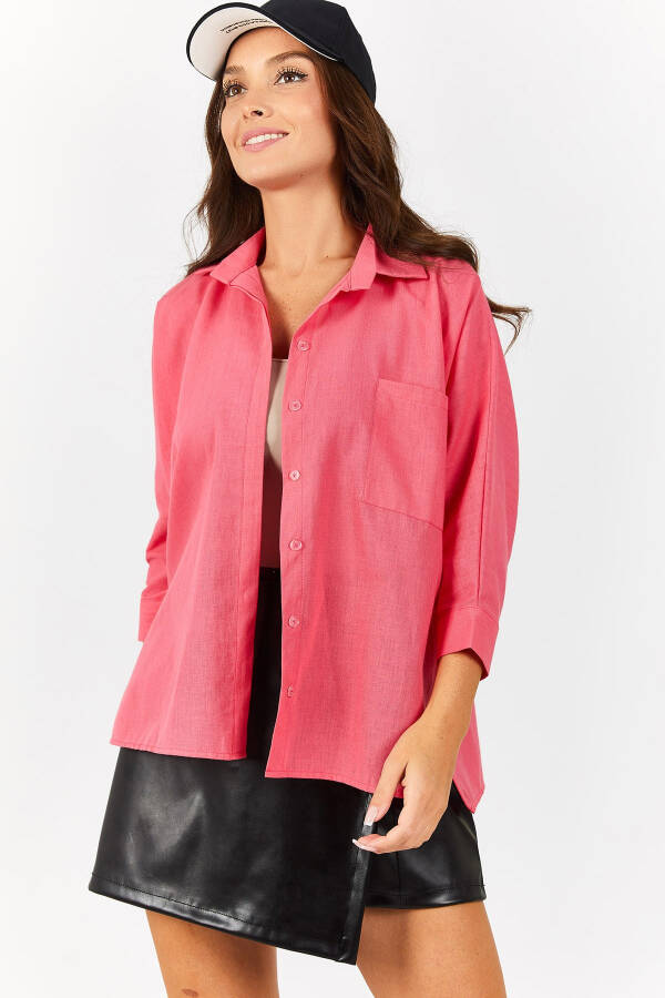 Women's Fuchsia Pocket Loose Linen Shirt ARM-21Y001035 - 6