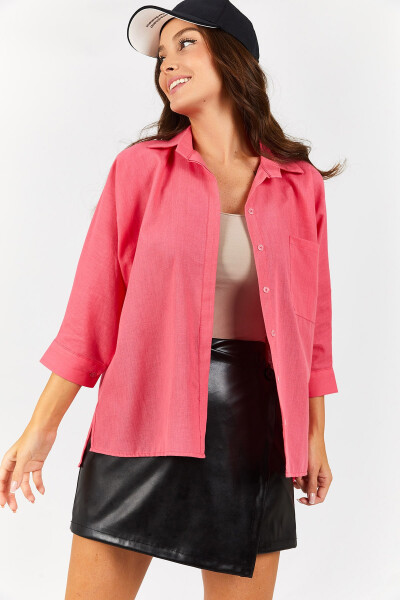 Women's Fuchsia Pocket Loose Linen Shirt ARM-21Y001035 - 7