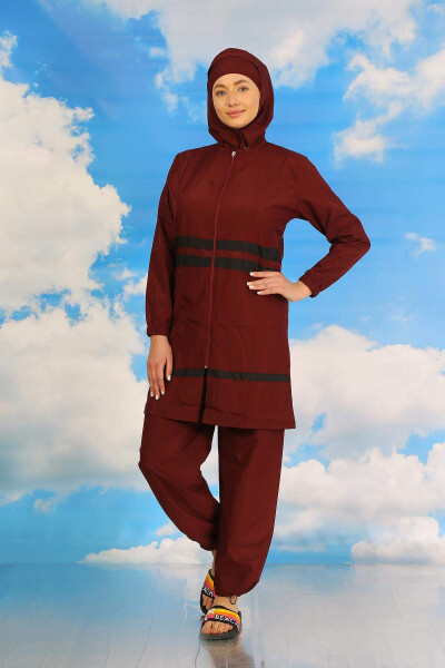 Women's Full Coverage Modest Swimsuit Burgundy 31061 - 3