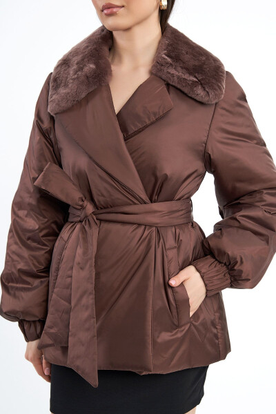 Women's Fur-Collar English Collar Belt-Tied Modern Regular Coat - 6