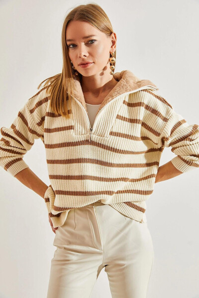 Women's Fur Collar Striped Zippered Knit Sweater - 1