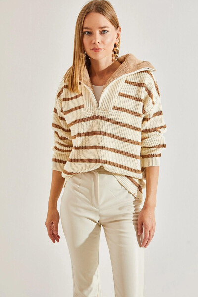 Women's Fur Collar Striped Zippered Knit Sweater - 5