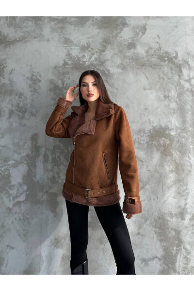 Women's Fur Lined Nubuck Suede Jacket with Fleece Pockets in Brown 124 - 6