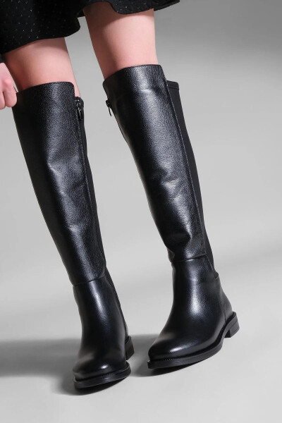 Women's genuine leather boots, elastic stretch, knee-high, black - 1