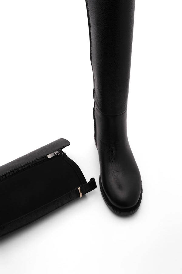 Women's genuine leather boots, elastic stretch, knee-high, black - 3