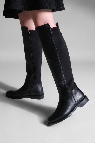 Women's genuine leather boots, elastic stretch, knee-high, black - 4