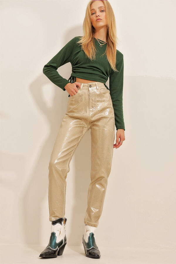 Women's Gold Gold Coated Mom Jeans Trousers ALC-X10862 - 2