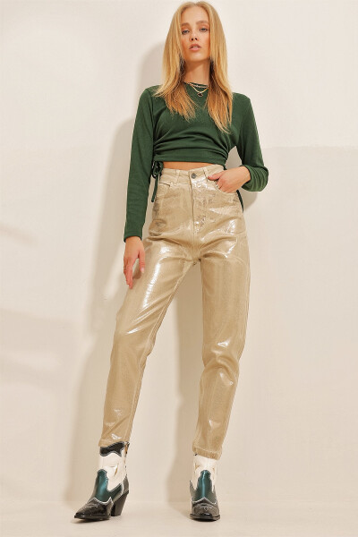 Women's Gold Gold Coated Mom Jeans Trousers ALC-X10862 - 4