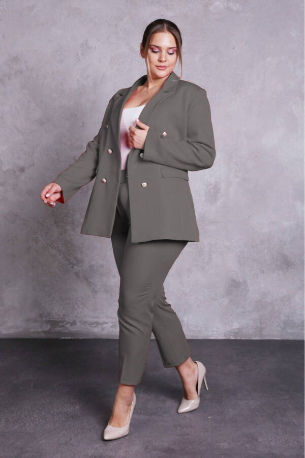 Women's Gray Blazer Jacket with Belt, Pockets, Wide Leg Pants Plus Size Suit - 3