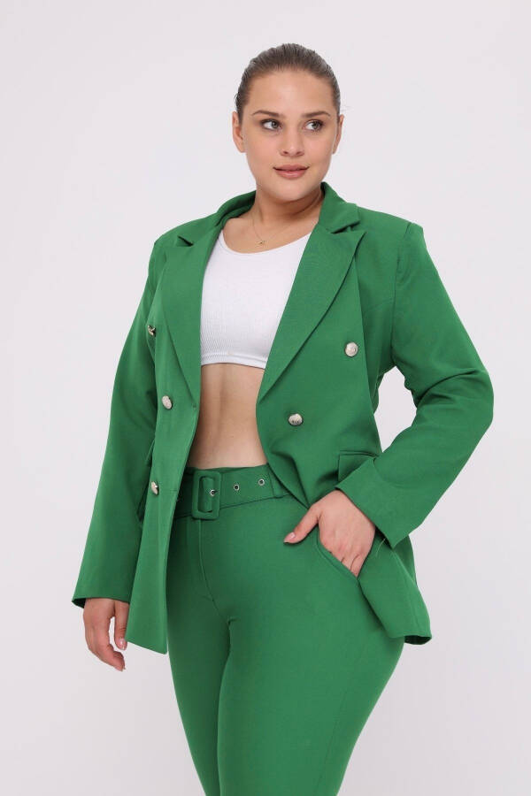 Women's Green Blazer Jacket with Belt, Pockets and Wide Leg Trousers Plus Size Suit - 3