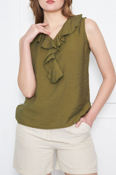 Women's Green Collar Frilled Sleeveless Blouse ARM-21K001184 - 1