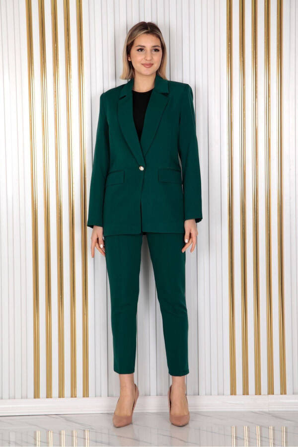 Women's Green Single Button Blazer Carrot Pants Suit Dress Satin Fabric - 1