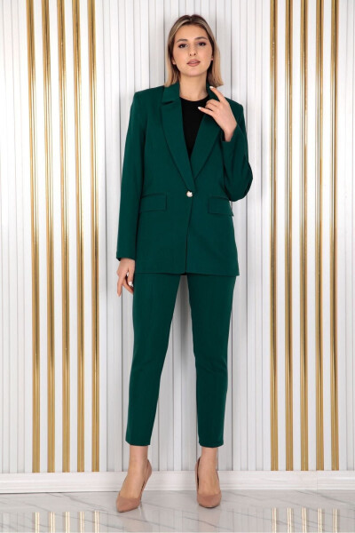 Women's Green Single Button Blazer Carrot Pants Suit Dress Satin Fabric - 2