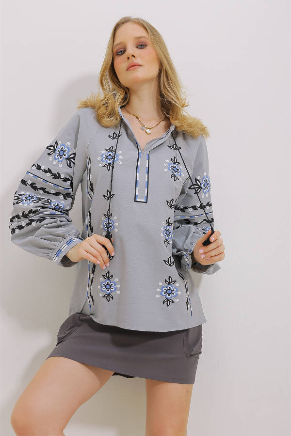 Women's Grey Mandarin Collar Embroidered Tassel Cotton Linen Woven Blouse ALC-X11451 - 1