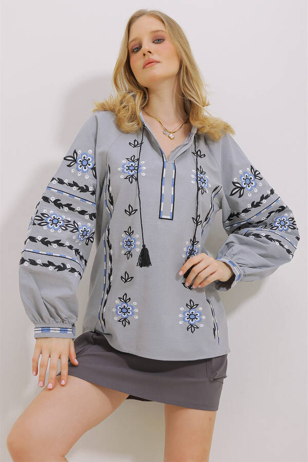 Women's Grey Mandarin Collar Embroidered Tassel Cotton Linen Woven Blouse ALC-X11451 - 2